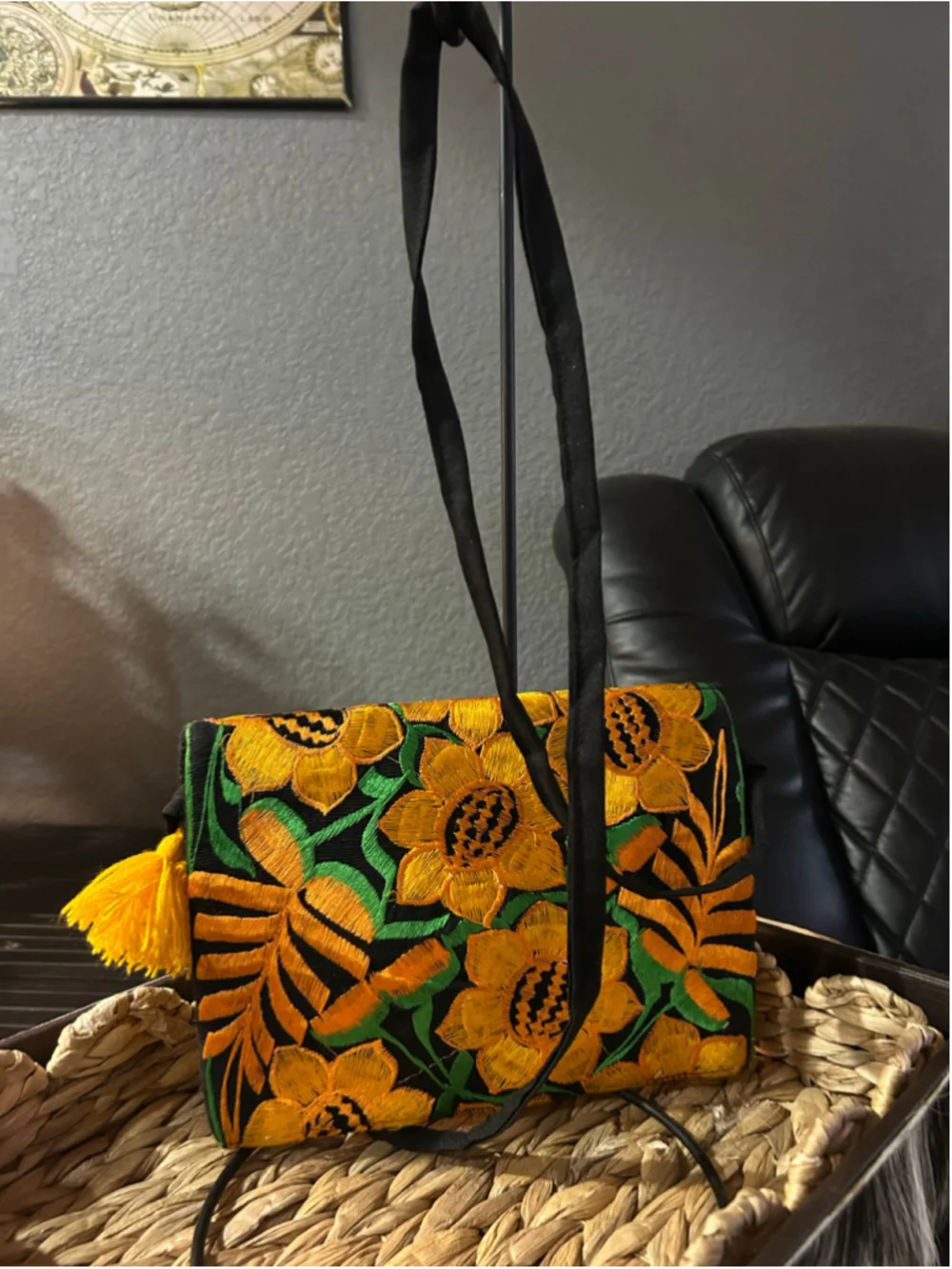 Women's Unbranded Sunflower Embroidered Clutch Bag, One Size, Black and Yellow